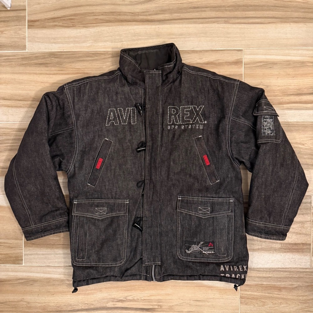 Avirex Tactical Systems GPS Denim Jacket Black Mens Large Toggle Zip Utility